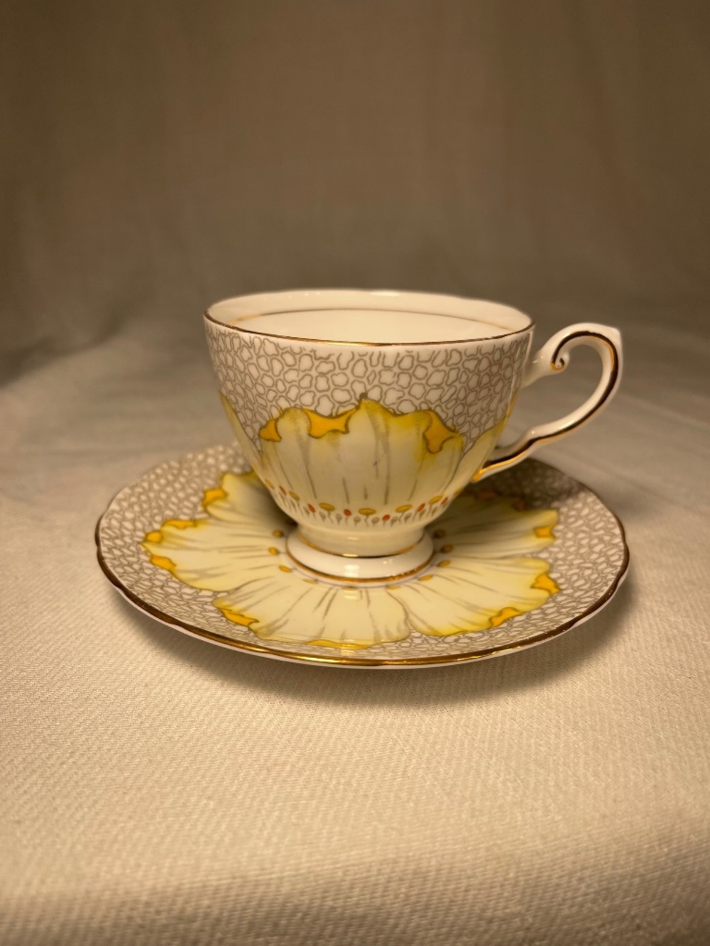 Vintage Floral Teacup and Saucer - Yellow and White with Gold Trim